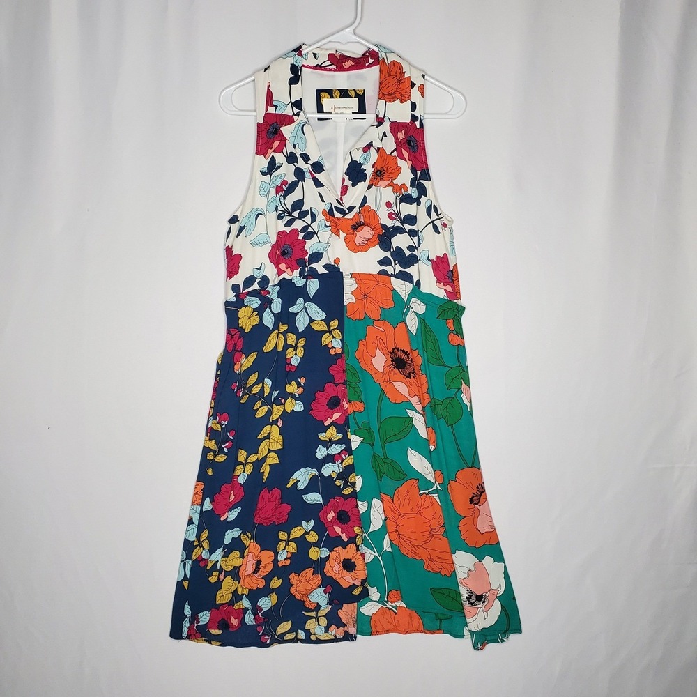 Anthropologie Dress 6 Sleeveless Floral Patchwork V Neck Collar Midi Pocket